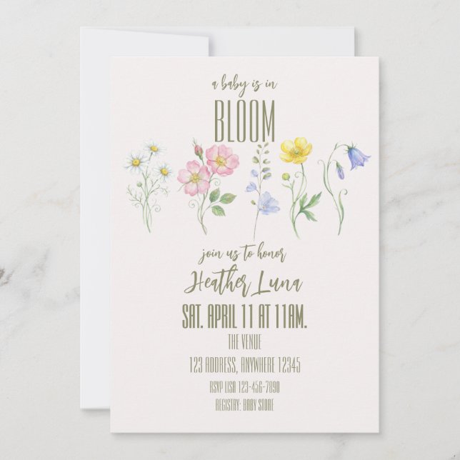 Invitación Baby is in Bloom, Single Flowers Baby Shower (Anverso)