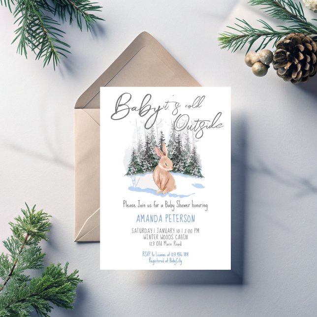 Invitación Baby It's Cold Fuera de la ducha de bebé en invier (Baby It's Cold Outside winter bunny baby shower Invitation template woodlands winter baby shower)