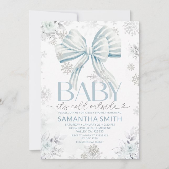 Invitación Baby It's Cold Outside Blue Bow Winter Baby Shower (Anverso)
