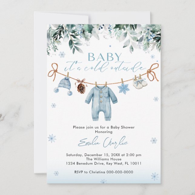Invitación Baby it's Cold Outside Blue Clothes  Baby Shower  (Anverso)