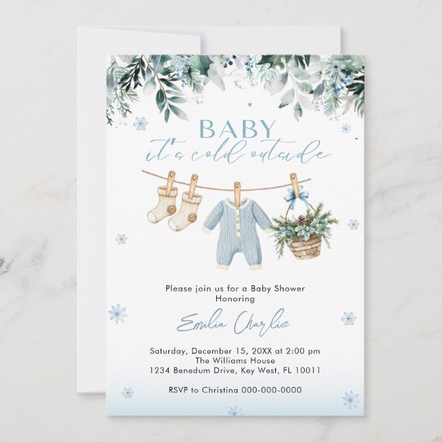 Invitación Baby it's Cold Outside Blue Clothes  Baby Shower  (Anverso)