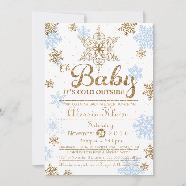 Invitación Baby It's Cold Outside, Blue Gold Baby Shower (Anverso)