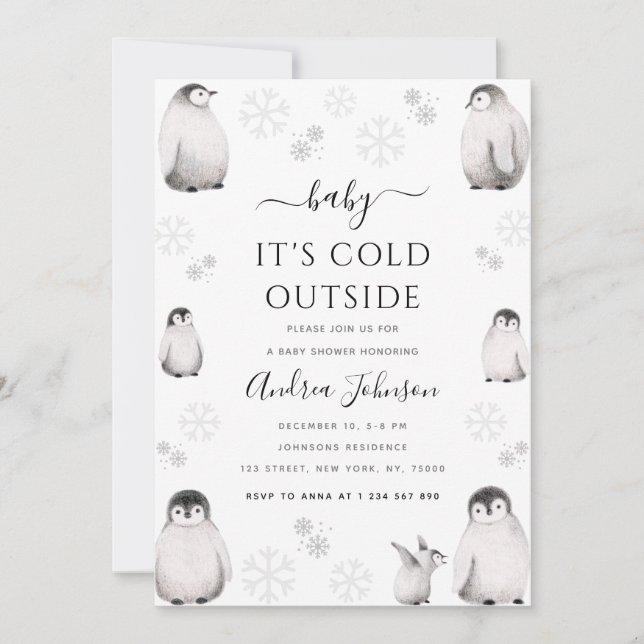 Invitación Baby It's Cold Outside Pencil Penguin Baby Shower (Anverso)