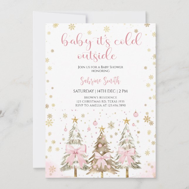 Invitación  Baby it's Cold Outside Pink Bow Baby Shower  (Anverso)