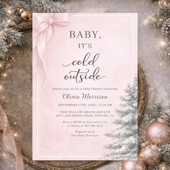 Invitación Baby It's Cold Outside Pink Bow Baby Shower (Subido por el creador)