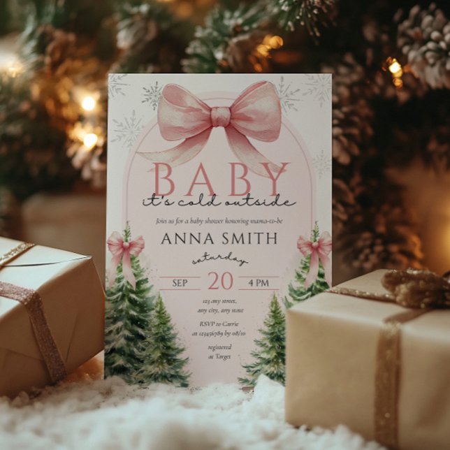 Invitación Baby It's Cold Outside Pink Christmas Winter Girl (Baby It's cold outside baby shower invitation christmas, winter wonderland, girl pink bow coquette)