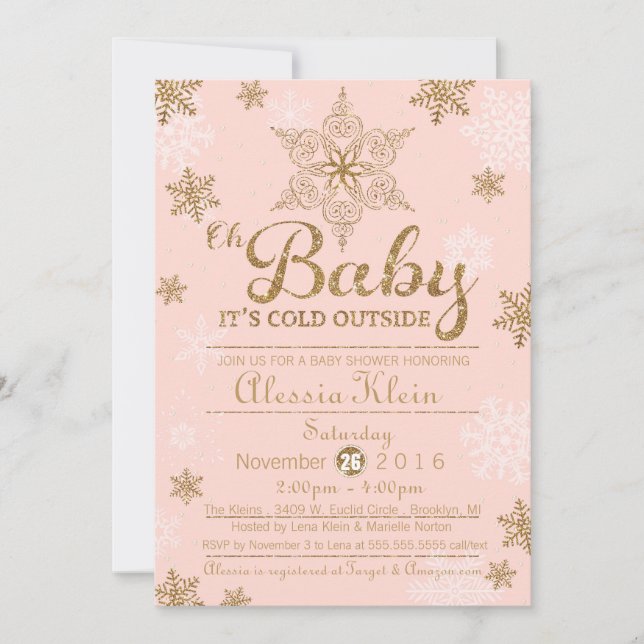 Invitación Baby It's Cold Outside, Pink & Gold Baby Shower (Anverso)