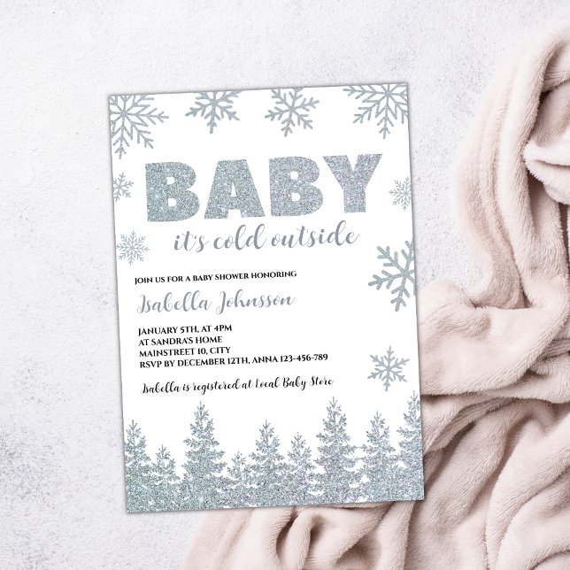 Invitación Baby It's Cold Outside Winter Purpurina Baby Showe (winter wonderland baby shower invitation silver glitter woodland)