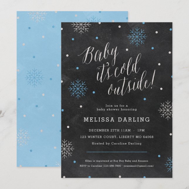 Invitación Baby It's Cold Winter Chalkboard Blue Baby Shower (Anverso / Reverso)