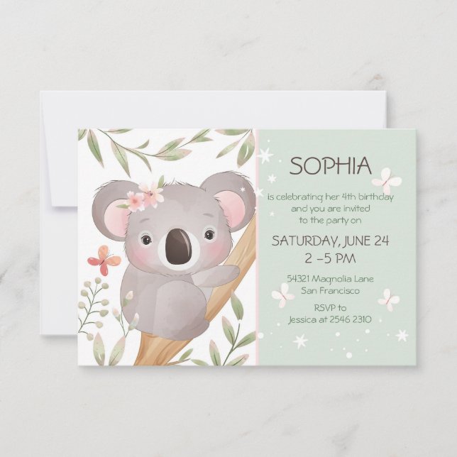Invitación Baby Koala en el cumpleaños del árbol (Anverso)