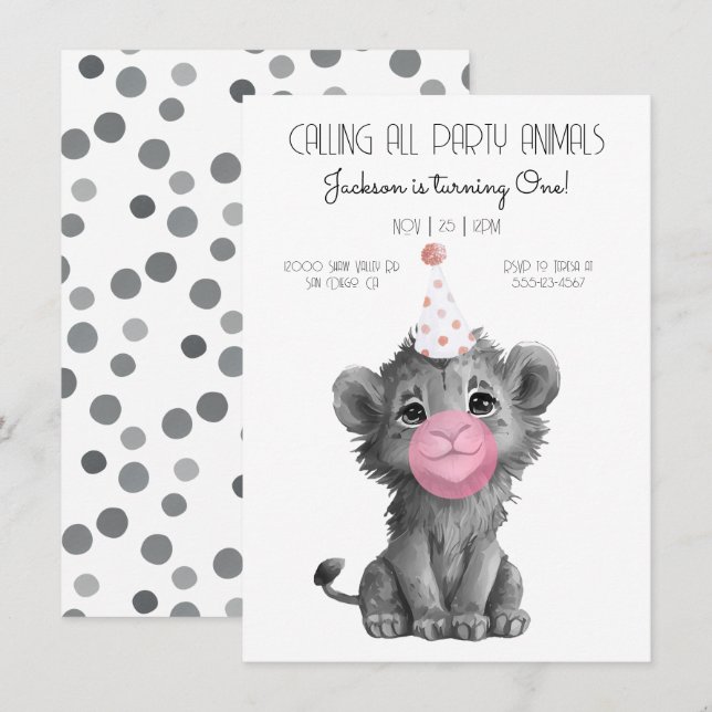Invitación Baby Lion Cub cumpleaños blanco y negro (Anverso / Reverso)