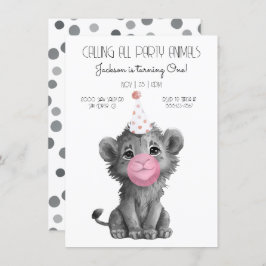 Invitación Baby Lion Cub cumpleaños blanco y negro