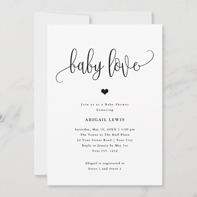 Invitación Baby Love Black/White Caliligraphy Baby Shower (Anverso)