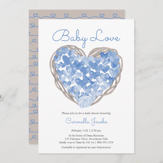 Invitación Baby Love Blue Hearts Rustic Boy Baby Shower (Anverso / Reverso)