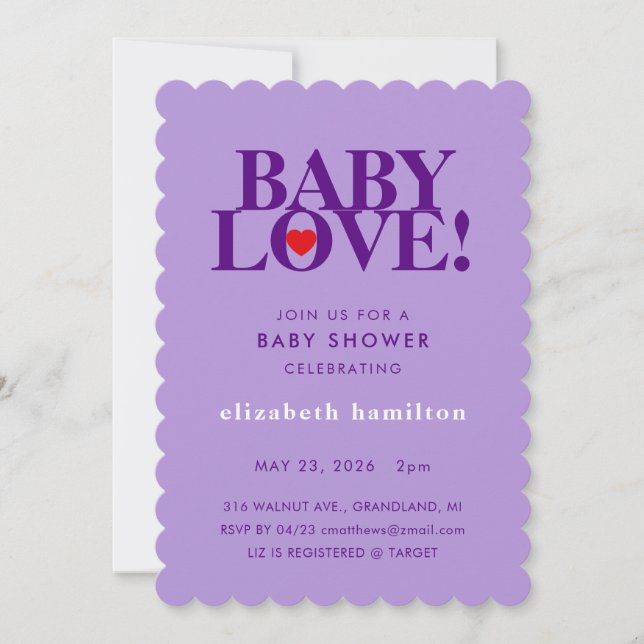 Invitación BABY LOVE! Bold Purple Baby Shower Invitation (Anverso)
