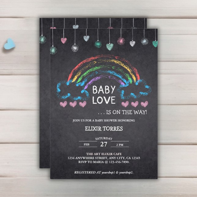Invitación Baby Love Chalkboard Hearts & Rainbow Baby Shower (Subido por el creador)
