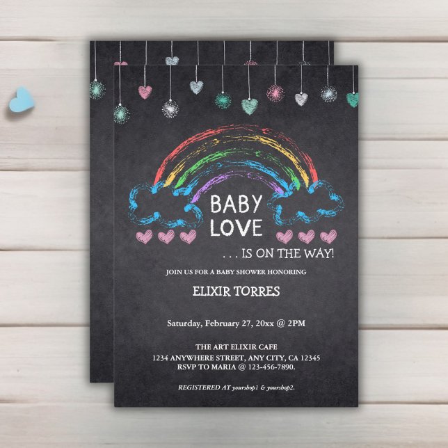 Invitación Baby Love Chalkboard Hearts & Rainbow Baby Shower (Subido por el creador)