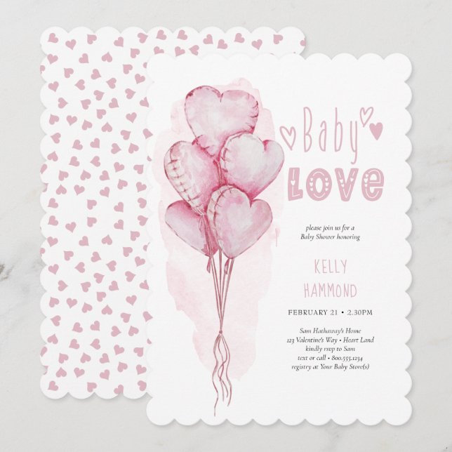 Invitación Baby Love Pink Heart Balloons Chica Baby Shower (Anverso / Reverso)