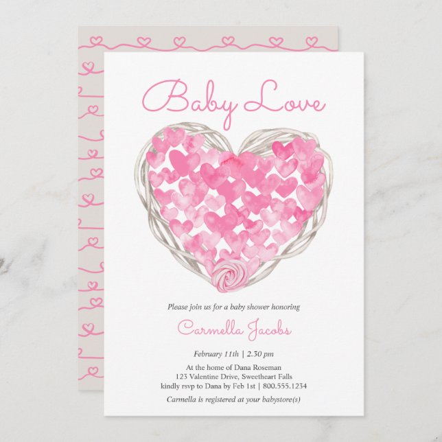 Invitación Baby Love Pink Hearts Rustic Chica Baby Shower (Anverso / Reverso)