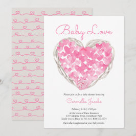 Invitación Baby Love Pink Hearts Rustic Chica Baby Shower
