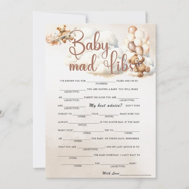 Invitación BABY MAD LIBS Juego Baby Shower Cute Oso (Anverso)