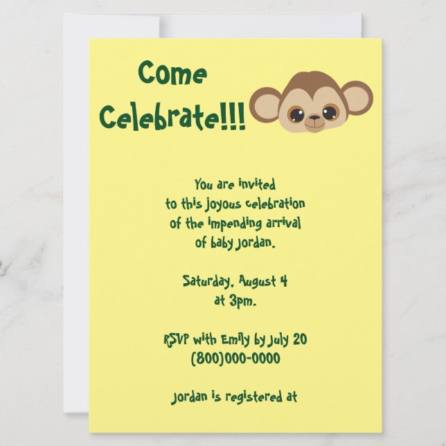 Invitación Baby Monkey Yellow Baby Shower (Anverso)