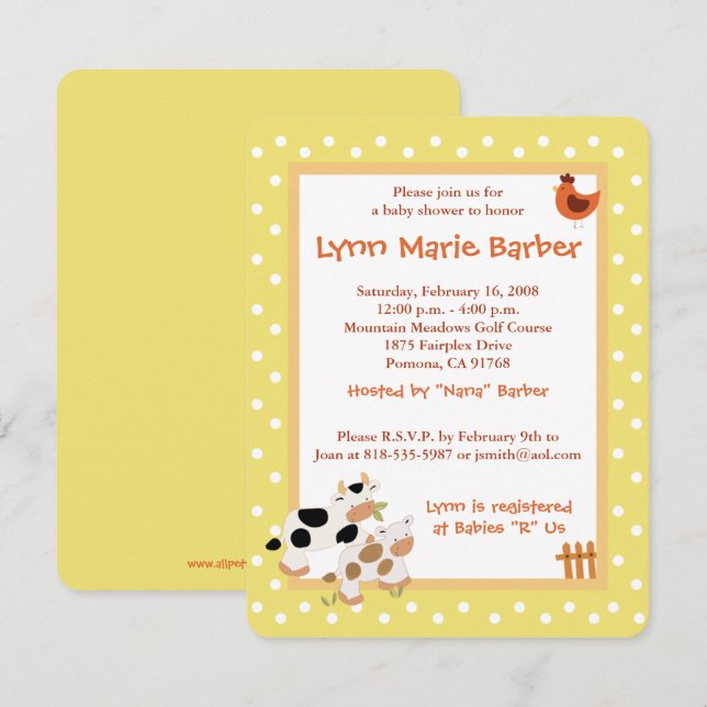 Invitación Baby Moo Cow Farm Yellow Baby Shower (Anverso / Reverso)