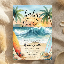 Invitación baby on board beach coast surfboard baby shower