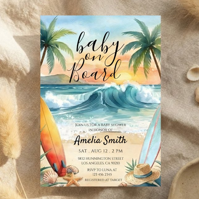Invitación baby on board beach coast surfboard baby shower (Subido por el creador)