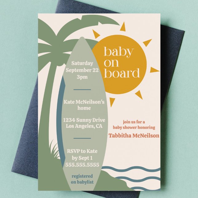 Invitación "Baby on board" Beach Surfing Ocean Baby Shower ("baby on board" surfing ocean gender neutral baby shower nautical surfboard tropical invitation)