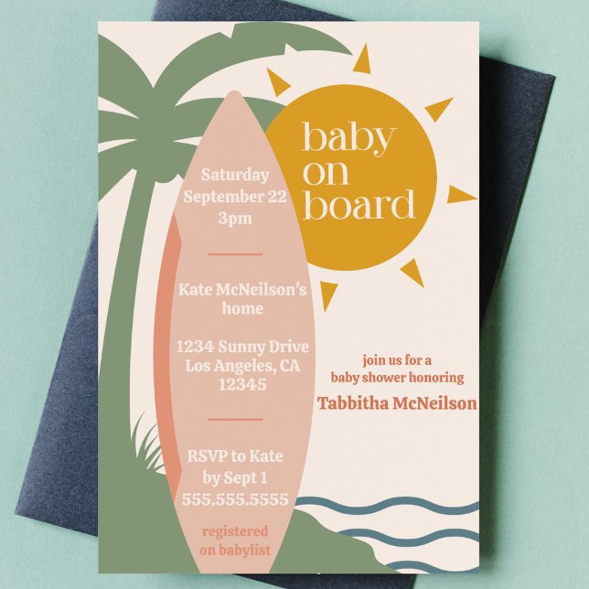 Invitación "Baby on board" Beach Surfing Ocean Baby Shower ("baby on board" cute surfing ocean theme baby girl shower nautical sea surfboard tropical invitation)