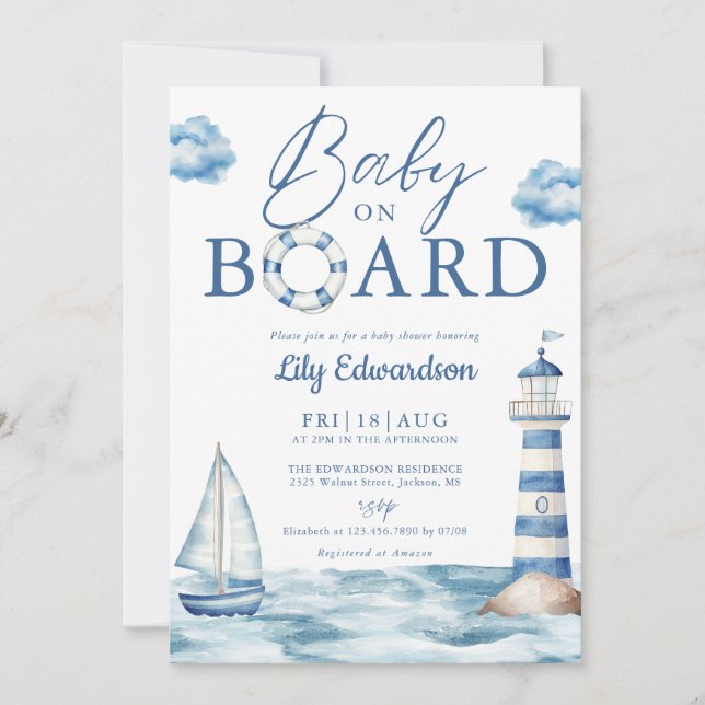 Invitación Baby On Board Blue Nautical Baby Shower (Anverso)