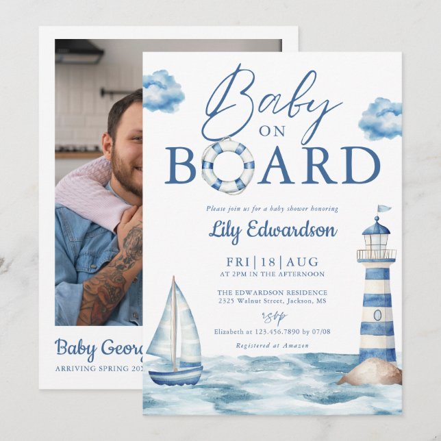 Invitación Baby On Board Nautical Shower Photo QR Code (Anverso / Reverso)