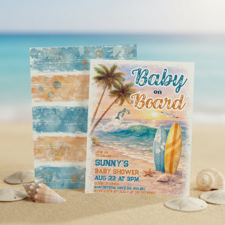 Invitación Baby on Board Retro Surf Beach Baby Shower