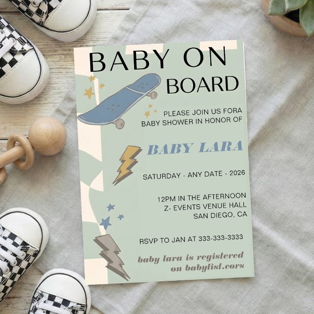 Invitación Baby on Board Skateboard Baby Shower party Invitat (Subido por el creador)