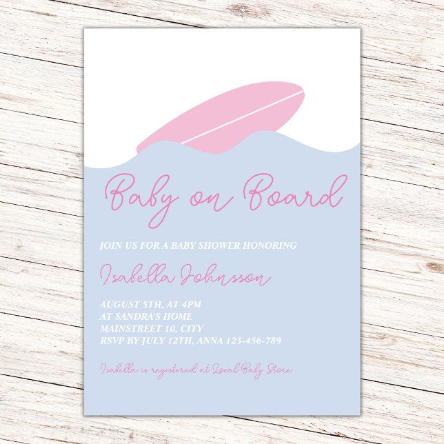 Invitación Baby On Board Surf Beach Chica Baby Shower (baby on board surf beach girl invitation)