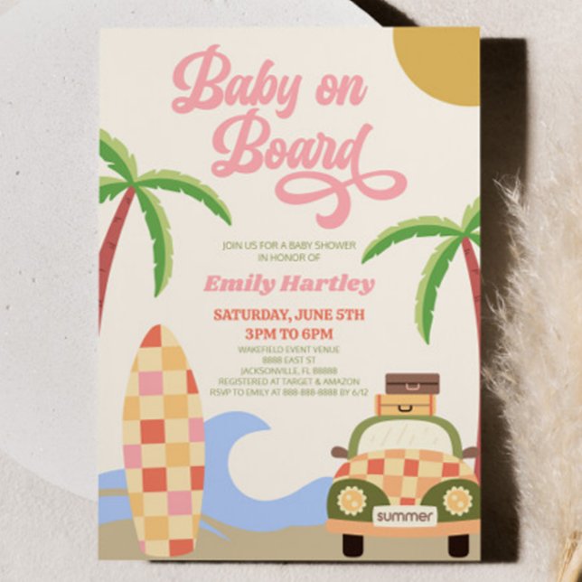 Invitación Baby On Board Surf Pink Retro Baby Shower (Subido por el creador)