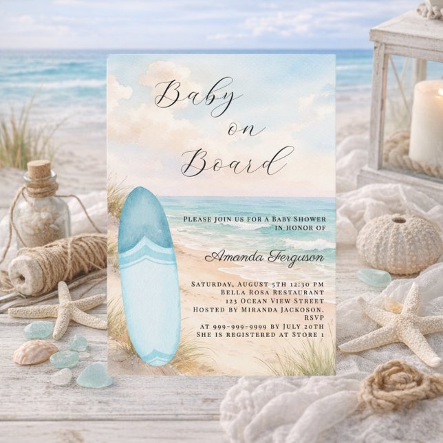 Invitación Baby on Board surfboard blue boy beach Baby Shower (Subido por el creador)