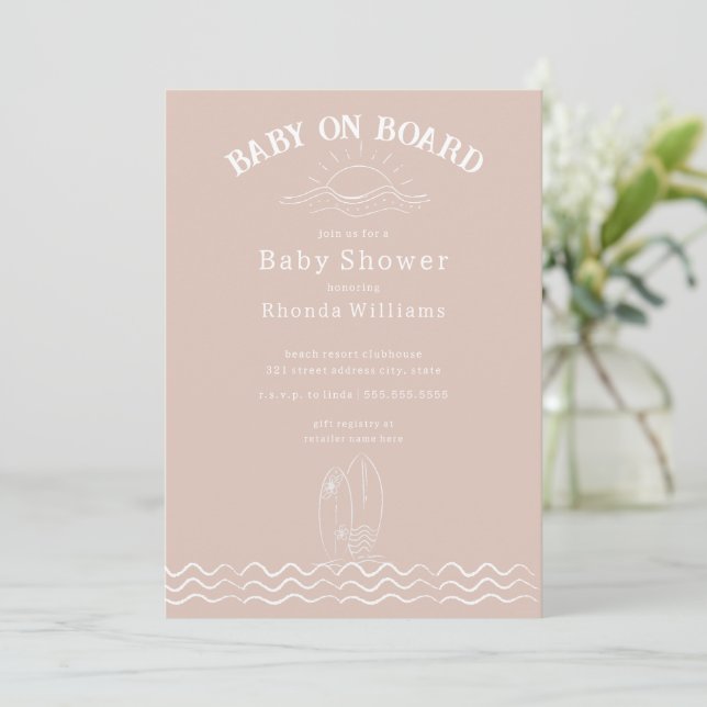 Invitación Baby On Board Surfing Green Beach Baby Shower (Anverso de pie)
