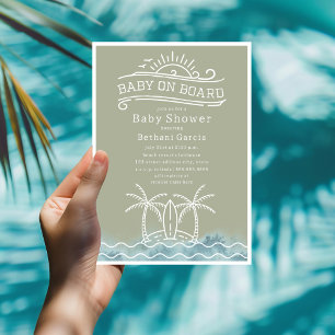 Invitación Baby On Board Surfing Green Beach Baby Shower
