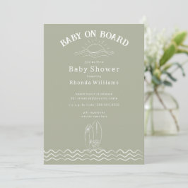 Invitación Baby On Board Surfing Green Beach Baby Shower