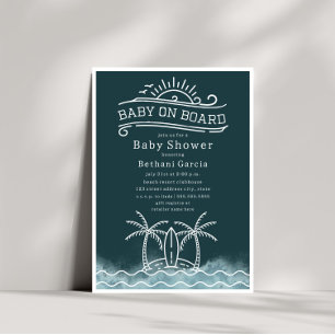 Invitación Baby On Board Surfing Slate Blue Beach Baby Shower