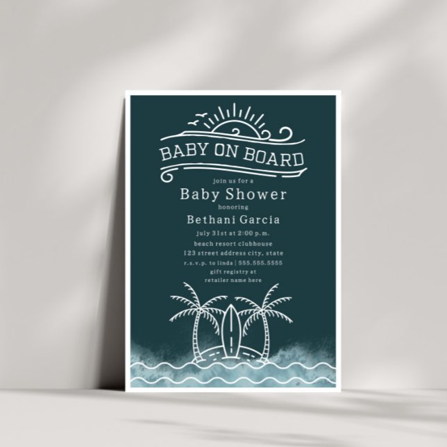Invitación Baby On Board Surfing Slate Blue Beach Baby Shower (Subido por el creador)