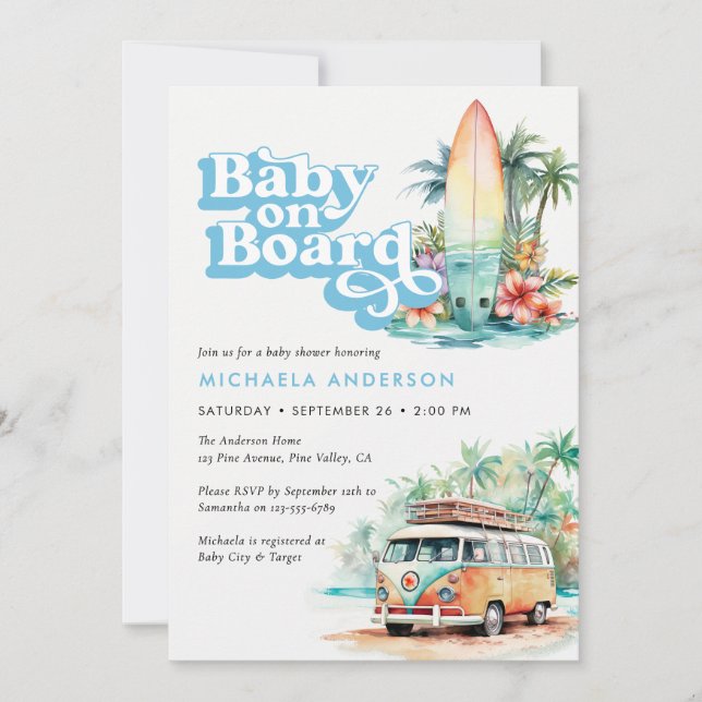 Invitación Baby On Board Watercolor Beach Surf Baby Shower (Anverso)