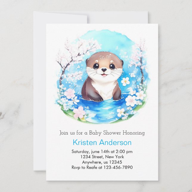 Invitación Baby Otter Blue Wildflowers Boy Baby Shower (Anverso)