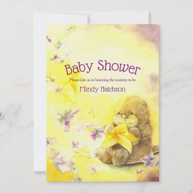 Invitación Baby Otter Purple and Yellow Baby Shower (Anverso)