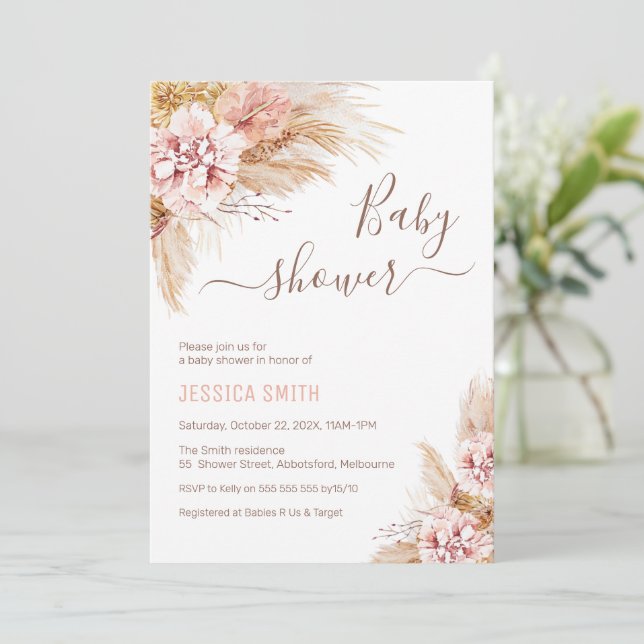 Invitación Baby Pink Boho Floral Pampas Grass Baby Shower (Anverso de pie)