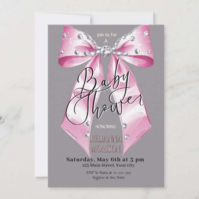 Invitación Baby Pink Diamond Coquette Bow Baby Shower Chica (Anverso)