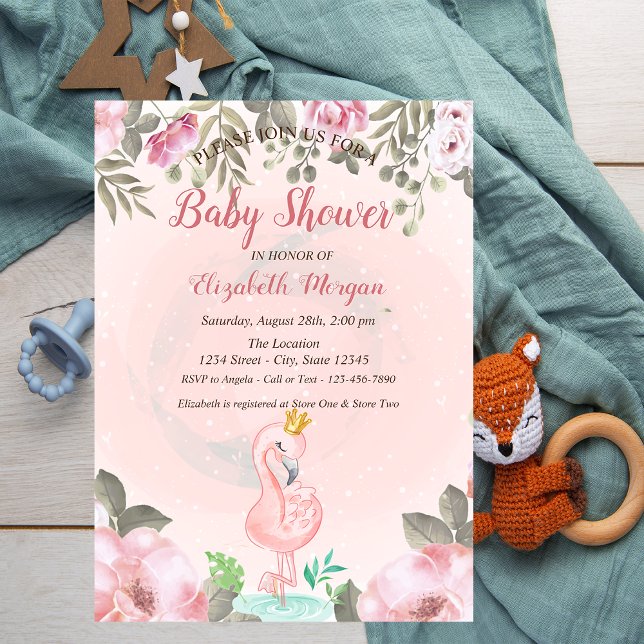 Invitación Baby Pink Flamingo Crown Floral Baby Shower (Subido por el creador)
