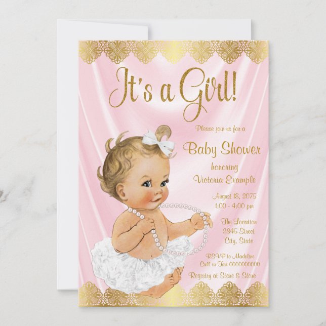 Invitación Baby Pink Gold Tutu Pearl Baby Shower (Anverso)